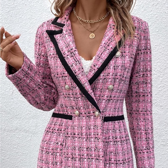 6 Kenzie women jacket Plaid Contrast Trim Double Breasted Tweed 2 Faux pockets - Picture 6 of 13